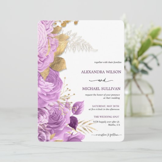 Lila en goudfloral Elegant Wedding Invitation Kaart (Staand voorkant)