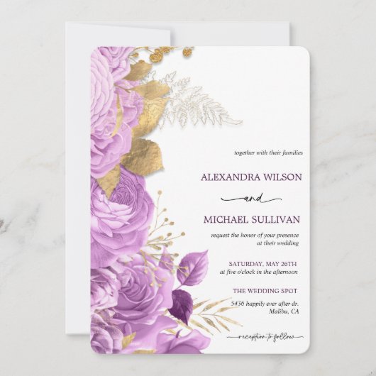 Lila en goudfloral Elegant Wedding Invitation Kaart (Voorkant)