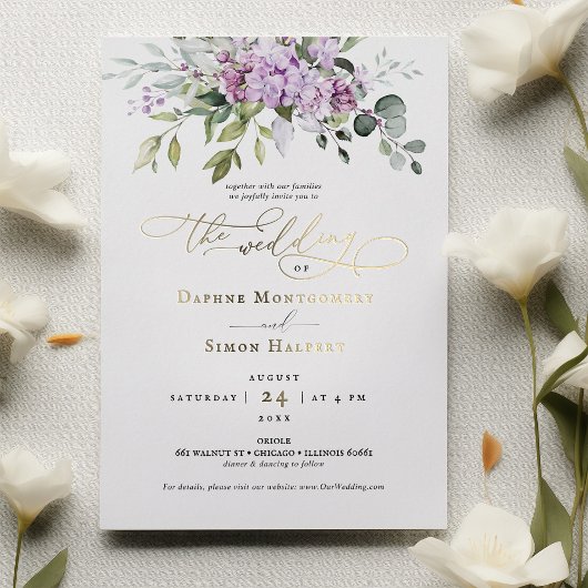 Lila en groen bruiloft Paarse Folie accenten Folie Uitnodiging