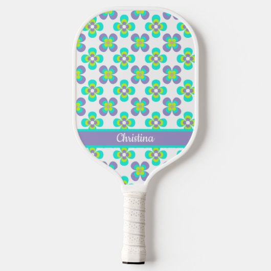 Lila en groen retro-florpatroon pickleball paddle (Achterkant)