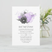 Lila en houtskool Bloemen Bat Mitzvah Kaart (Staand voorkant)