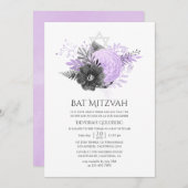 Lila en houtskool Bloemen Bat Mitzvah Kaart (Voorkant / Achterkant)