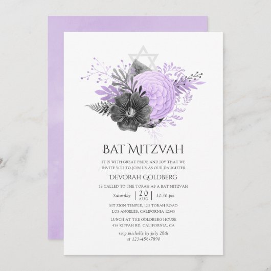 Lila en houtskool Bloemen Bat Mitzvah Kaart (Voorkant / Achterkant)