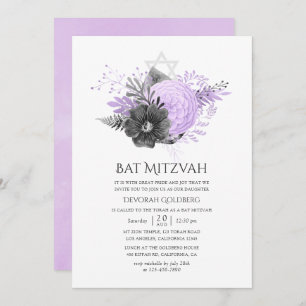 Lila en houtskool Bloemen Bat Mitzvah Kaart