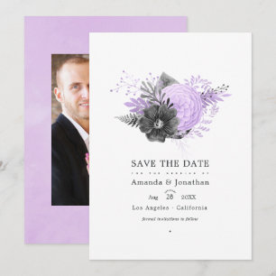 Lila en houtskool bloemen bruiloftsfoto save the date