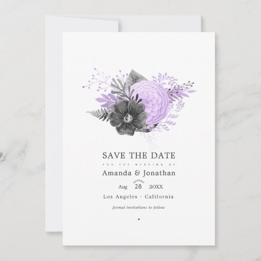 Lila en houtskool bloemige trouwfoto save the date (Voorkant)