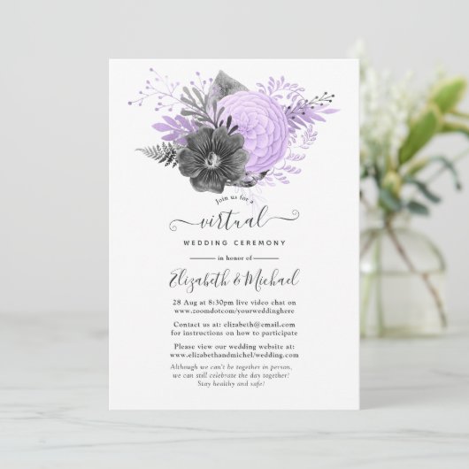 Lila en houtskool online virtueel huwelijk kaart (Staand voorkant)