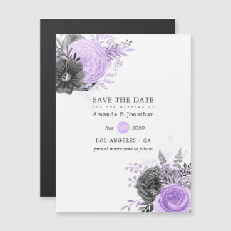 Lila en koolstof-Floral bruiloft Bewaar de datum Magnetische Uitnodiging