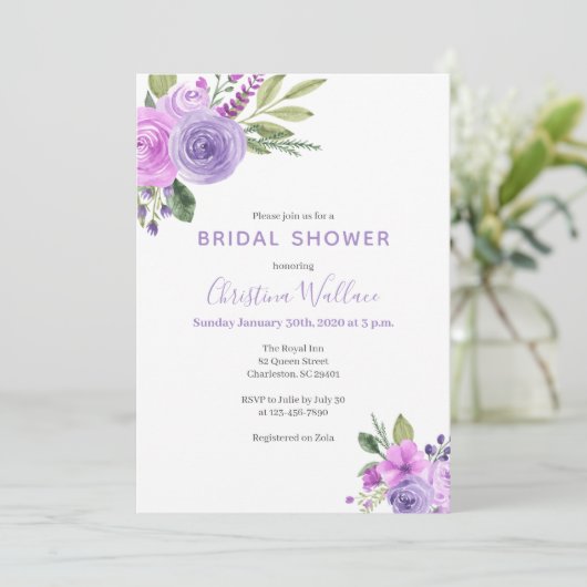 Lila en lavendel bruidsdouche uitnodiging (Staand voorkant)