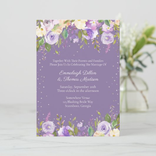 Lila en Lavendel Paarse Passie Rozen Bruiloft Kaart (Staand voorkant)