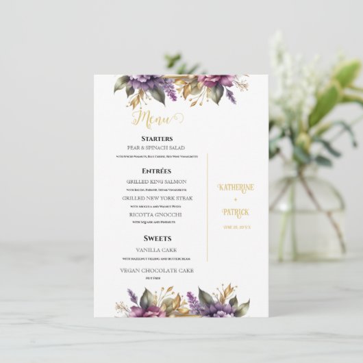 Lila en Lavendel Wijngaard Bruiloft Menu (Staand voorkant)