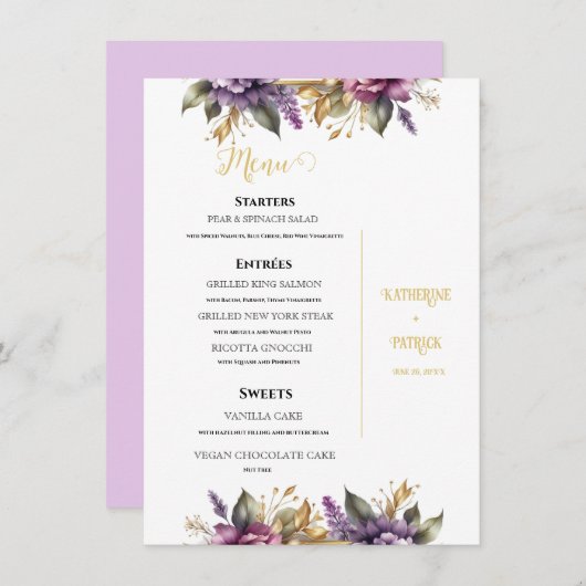 Lila en Lavendel Wijngaard Bruiloft Menu (Voorkant / Achterkant)