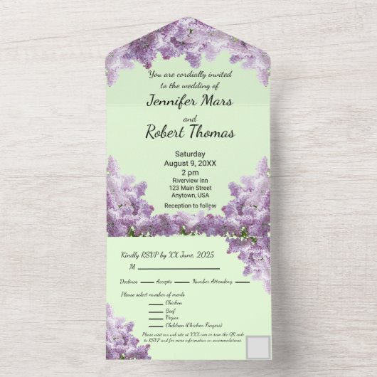 Lila en lichte salie all in one uitnodiging (Binnen)