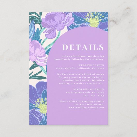 Lila en Paarse Pastel Bloemen Trouwdetails Informatiekaartje (Voorkant)