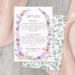 Lila en perzik Roos tuin wijnstok bruiloft details Informatiekaartje