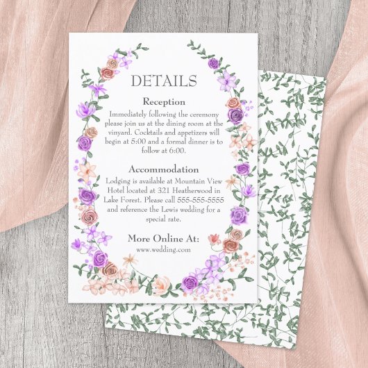 Lila en perzik Roos tuin wijnstok bruiloft details Informatiekaartje