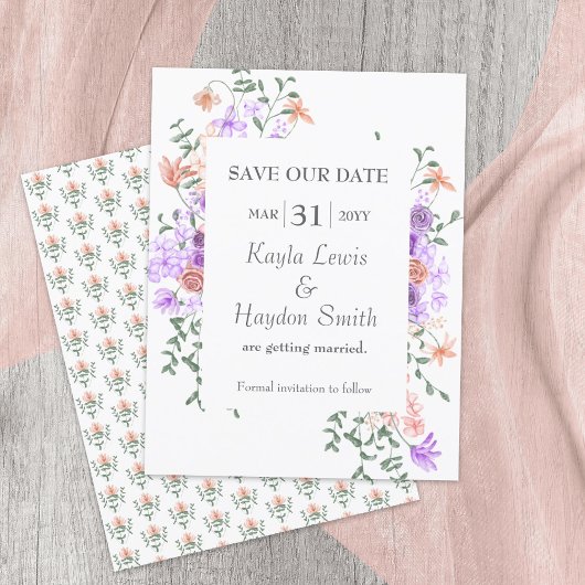 Lila en perzik Rozen bruiloft Save the Date Kaart