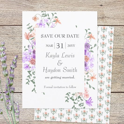 Lila en perzik Rozen bruiloft Save the Date Kaart