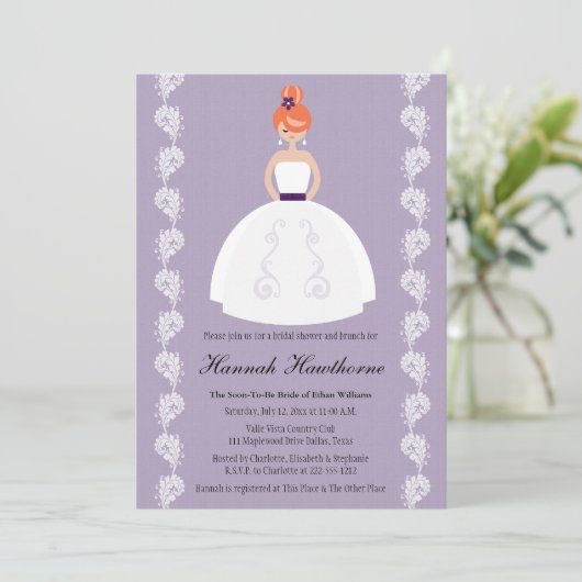 Lila en plum Redhead Bridal Shower Invitations Kaart (Staand voorkant)