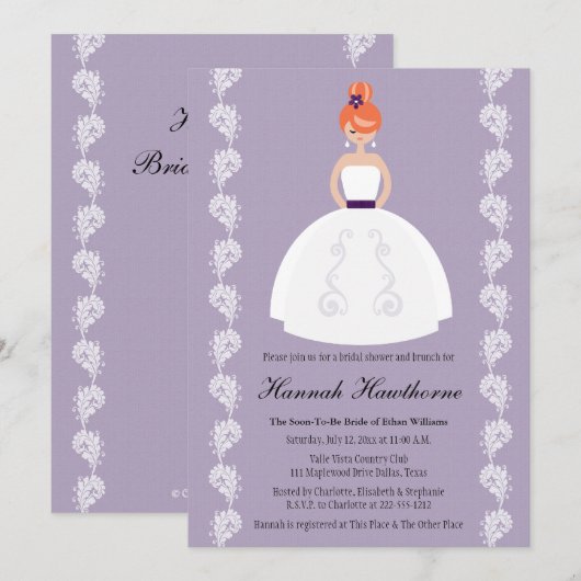 Lila en plum Redhead Bridal Shower Invitations Kaart (Voorkant / Achterkant)