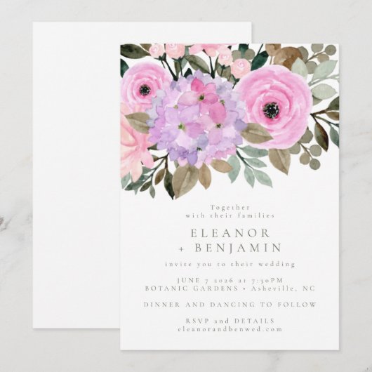 Lila en roze Floral Bouquet Boho Wedding Kaart (Voorkant / Achterkant)