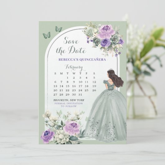 Lila en Sage Green Quince Calendar Sla de datum op Kaart (Staand voorkant)