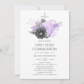 Lila en steenkoolbloemen Eerste Heilige Communie Kaart (Voorkant)