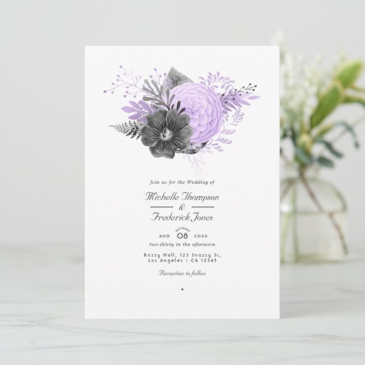 Lila en steenkoolbloemen QR-code RSVP-bruiloft Kaart (Staand voorkant)