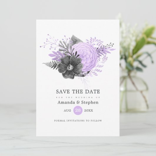 Lila en steenkoolzaadjes save the date (Staand voorkant)