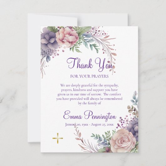Lila en stoffige roze rozen begrafenis bedankkaart (Voorkant)