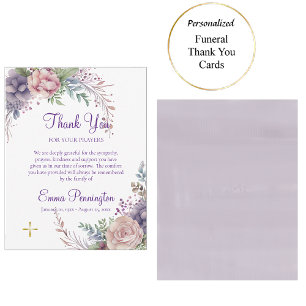 Lila en stoffige roze rozen begrafenis bedankkaart