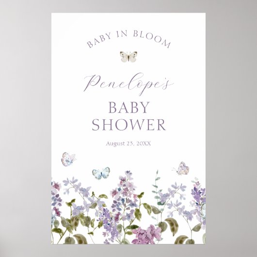 Lila en vlinders Baby shower Welkom Poster (Voorkant)