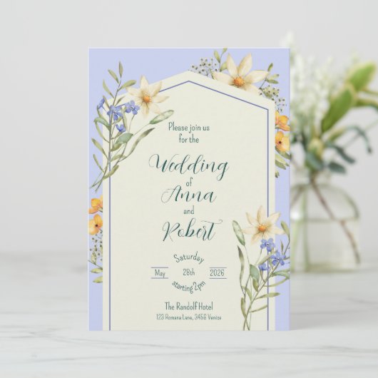 Lila en witte wilde bloemen geometrische bruiloft kaart (Staand voorkant)