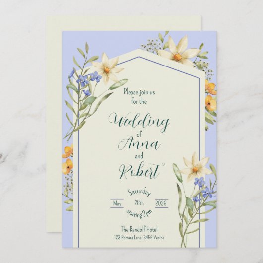 Lila en witte wilde bloemen geometrische bruiloft kaart (Voorkant / Achterkant)