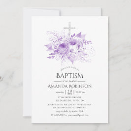Lila en Zilver Bloem Doop of Christening Kaart