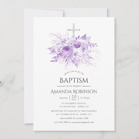 Lila en zilveren Floral Baptism of Christening Kaart (Voorkant)