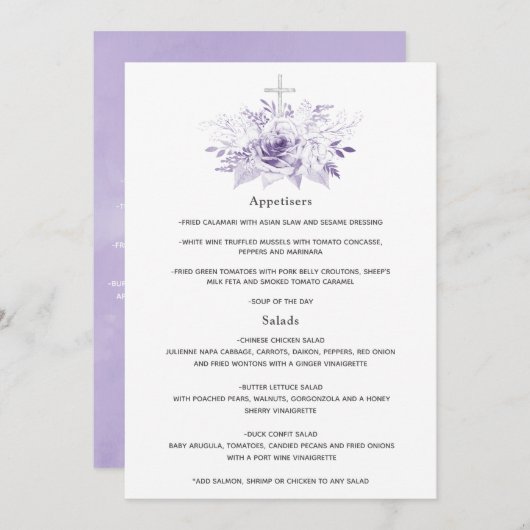 Lila en zilveren Floral Baptism of Christening Menu (Voorkant / Achterkant)