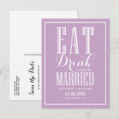 Lila Eten, Drinken en getrouwd zijn Save the Date Aankondigingskaart (Voorkant / Achterkant)