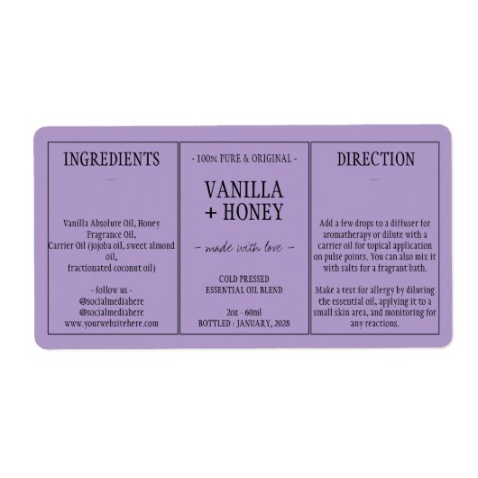 Lila etherische olie Cosmetische flessenwikkel ron Etiket (Voorkant)