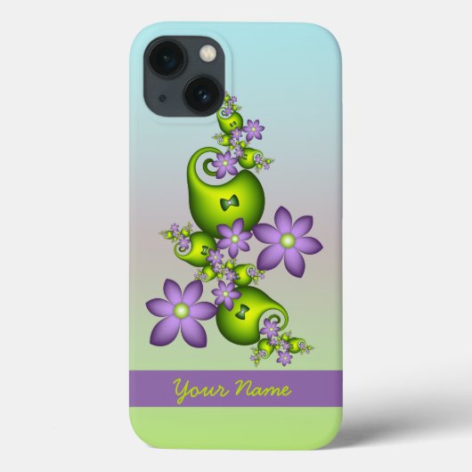 Lila Fantasy Flowers Green Shapes Fractal Name Case-Mate iPhone Case (Achterkant)