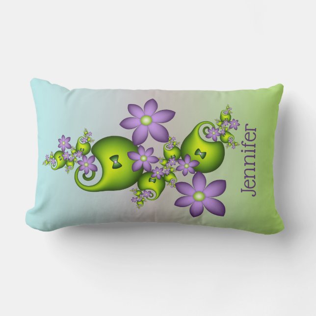 Lila Fantasy Flowers Green Shapes Fractal Name Kussen (Voorkant)