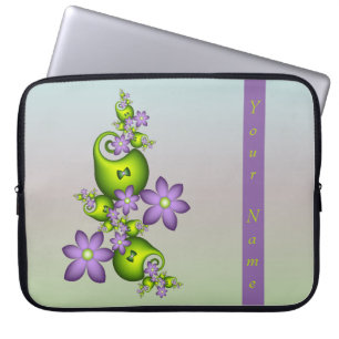 Lila Fantasy Flowers Green Shapes Fractal Name Laptop Sleeve