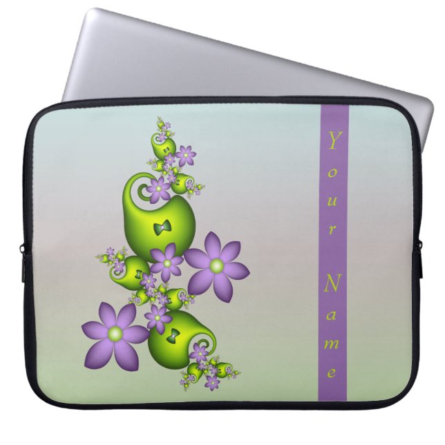 Lila Fantasy Flowers Green Shapes Fractal Name Laptop Sleeve (Voorkant)