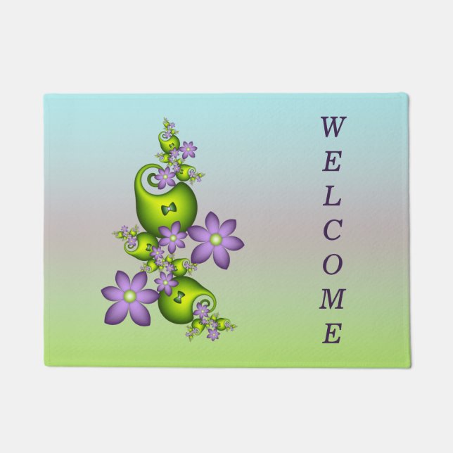 Lila Fantasy Flowers Green Shapes Fractal Welcome Deurmat (Voorkant)