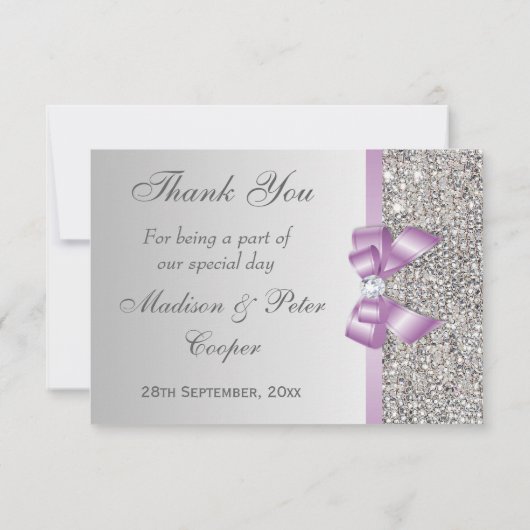Lila Faux Bow Silver Diamonds Dank u Bedankkaart (Achterkant)