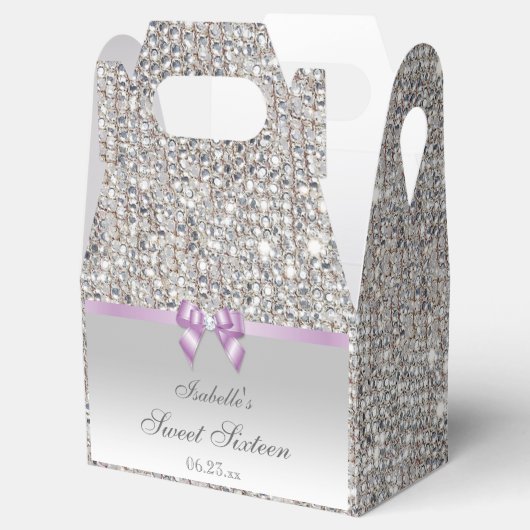 Lila Faux Bow Silver Sequins Sweet 16 Bedankdoosjes (Geopend)