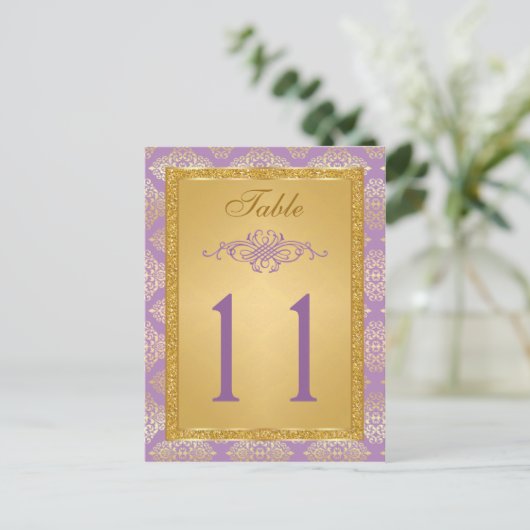 Lila, FAUX Glitter Damask Table Number Briefkaart (Staand voorkant)