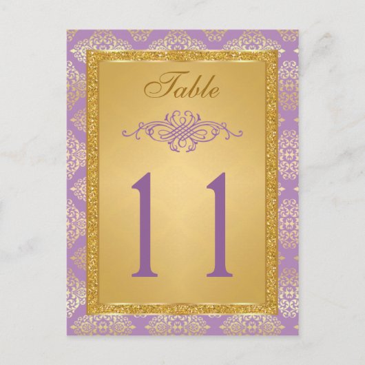 Lila, FAUX Glitter Damask Table Number Briefkaart (Voorkant)