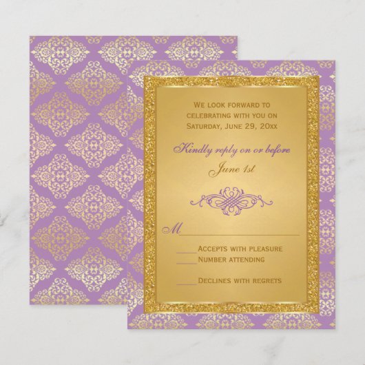 Lila, FAUX Gold Glitter, Damask Scroll RSVP-kaart RSVP Kaartje (Voorkant / Achterkant)
