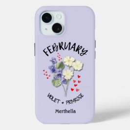 Lila FEBRUARI Geboortemaand Bloem Aangepaste naam iPhone 15 Case
